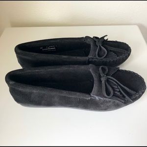 Black Minnetonka Kilty Suede Moccasins